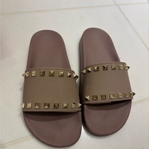 Valentino Studded Brown Slide Sandals